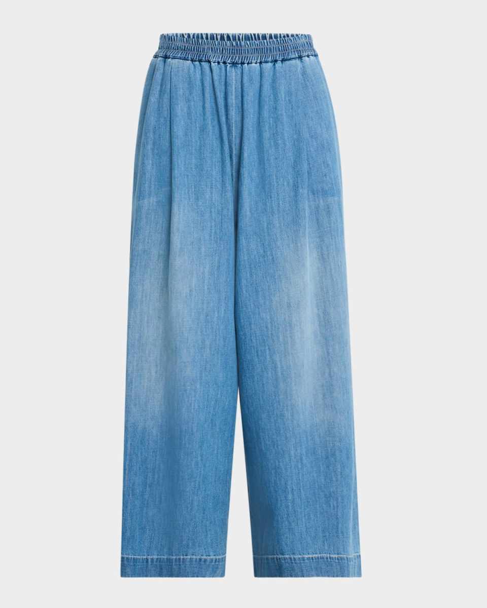Pleated Wide-Leg Cotton Chambray Trousers